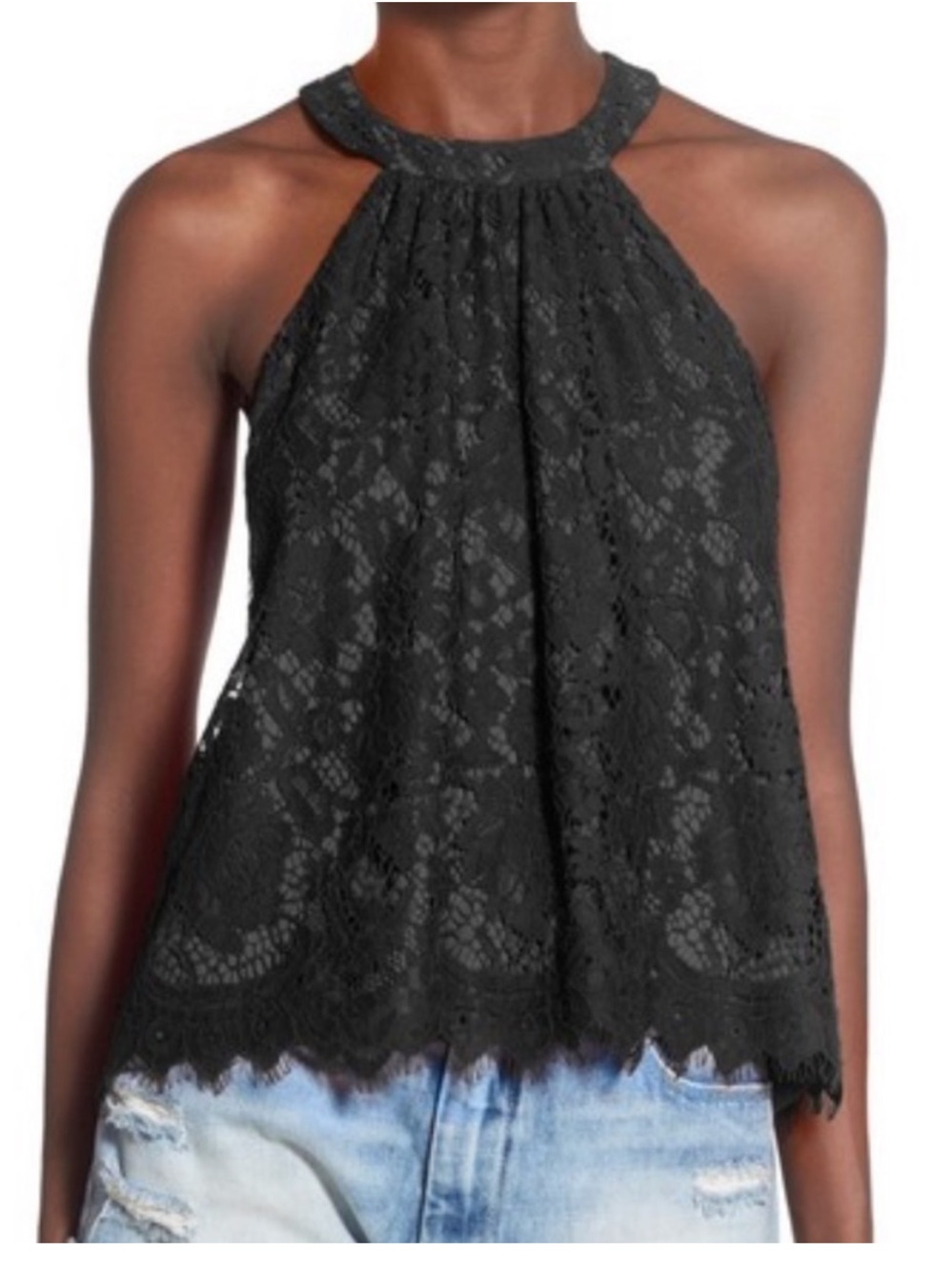 WAYF High Neck Black Lace Halter Top Blouse